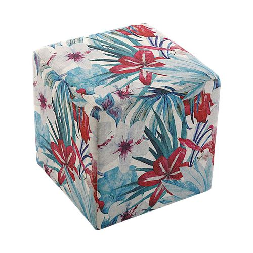 Pouf Cube Tropical Motif Feuilles Et Grandes Fleurs Rouges 35x35x35cm Borneo