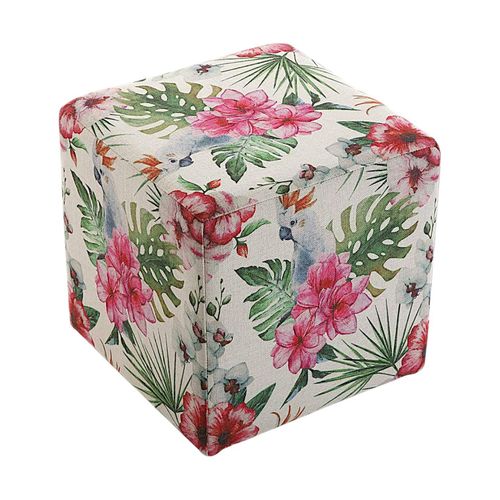 Pouf Cube Tropical Motif Perroquets, Feuilles Et Fleurs 35x35x35cm Borneo