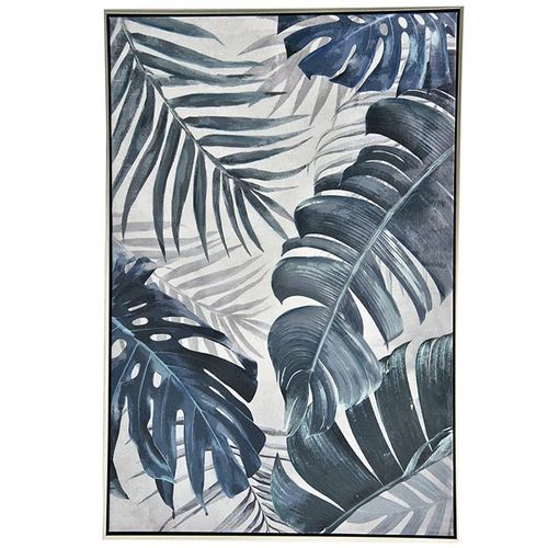 Tableau Nature Feuilles Exotiques Tons Bleus Cadre Argent