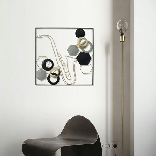 Tableau En Métal Saxophone Tons Noir, Gris Et Or