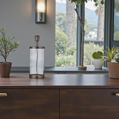 Lampe Cylindrique En Métal Cuivré En Verre Grisé D15xh30cm