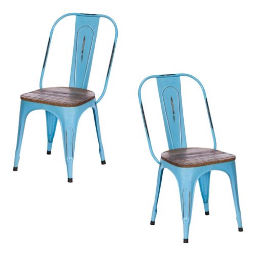 Chaise Industrielle Métal Bleu Bois Recyclé Leeds (lot De 2)