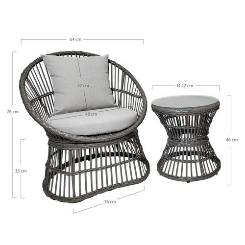 Salon De Jardin En Rotin Synthétique Gris (2 Fauteuils Et 1 Petite Table Ronde) Mendoza