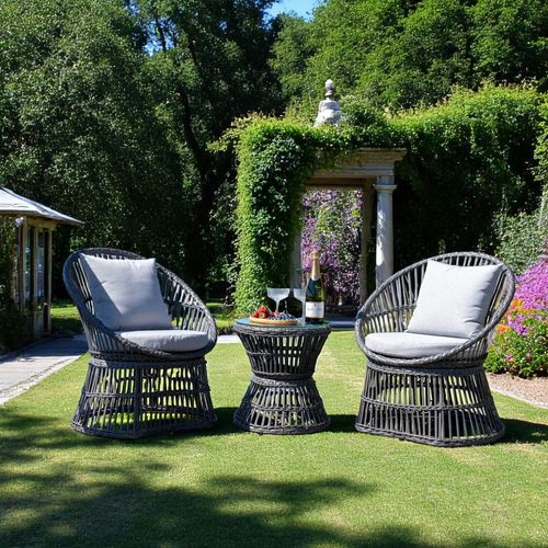 Salon De Jardin En Rotin Synthétique Gris (2 Fauteuils Et 1 Petite Table Ronde) Mendoza