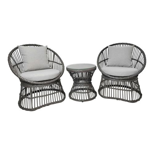 Salon De Jardin En Rotin Synthétique Gris (2 Fauteuils Et 1 Petite Table Ronde) Mendoza