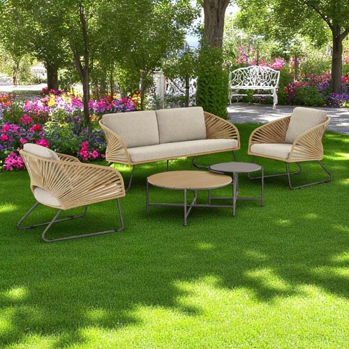 Salon De Jardin 4 Places Avec Tables Basses, Couleur Jaune Pâle Mendoza