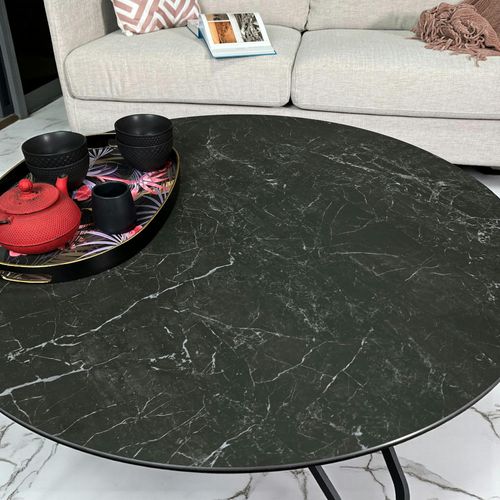 Table Basse Ronde En Céramique Marbrée Anthracite Lombardie