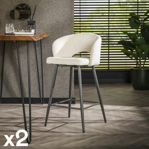 Tabouret De Bar En Tissu Bouclette Blanc Avec Dossier Ouvert (lot De 2) Galway