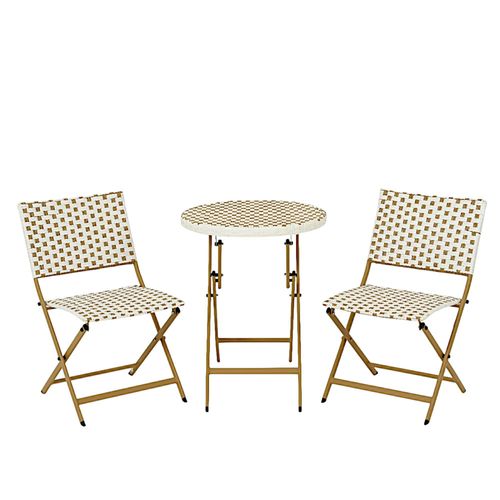 Salon De Jardin Table Ronde + 2 Chaises Résine Blanche Tressée Motifs Beiges Bistrot