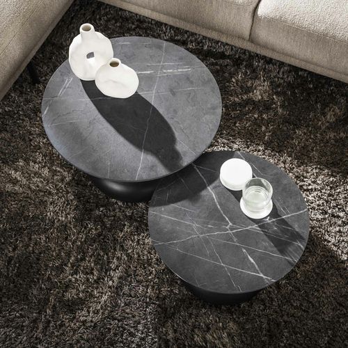 Table Basse Ronde Forme Organique Plateau Effet Marbre Noir (lot De 2) Ralf