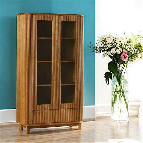 Bibliothèque Vitrée Chêne Rainuré 2 Portes 2 Tiroirs Iena