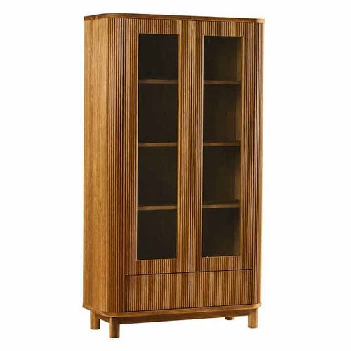Bibliothèque Vitrée Chêne Rainuré 2 Portes 2 Tiroirs Iena
