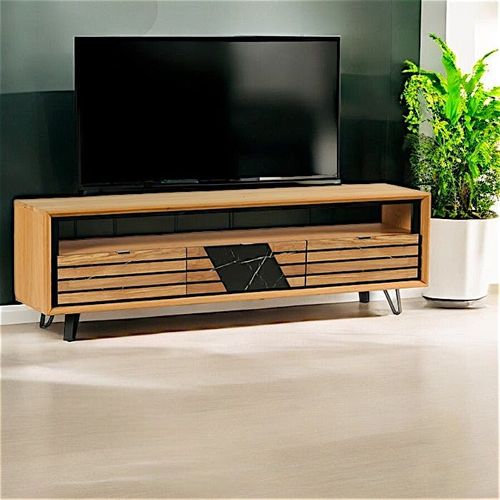 Meuble TV Design En Bois De Chêne Finition Miel, 3 Tiroirs Essen