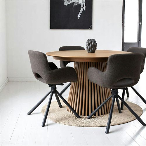 Table Ronde Extensible En Chêne Clair Pied Baguette (2 Rallonges Incluses) Amsterdam