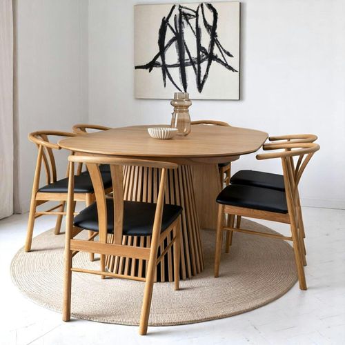 Table Ronde Extensible En Chêne Clair Pied Baguette (2 Rallonges Incluses) Amsterdam