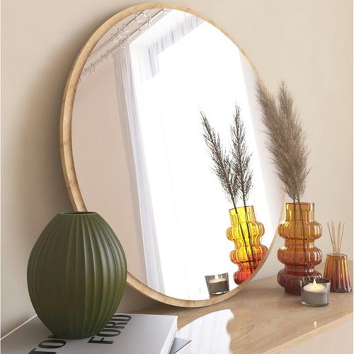 Miroir Rond Moderne Avec Cadre Effet Bois Clairø60 Cm Cody