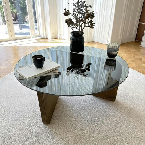 Table Basse Design En Verre Fumé - Pied Bois Brun Anzio