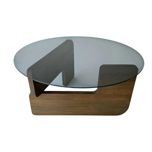 Table Basse Design En Verre Fumé - Pied Bois Brun Anzio