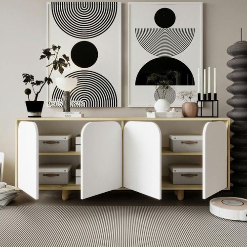 Buffet Bas Moderne Effet Bois 4 Portes Blanches Varen