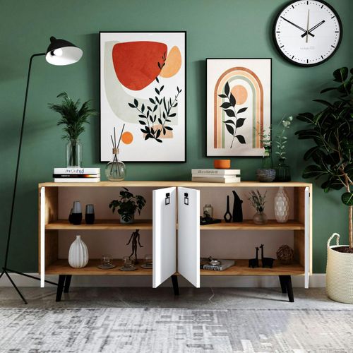 Buffet Bas Blanc Et Effet Bois, Poignées Noires Marfa