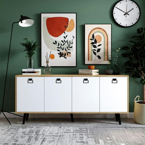 Buffet Bas Blanc Et Effet Bois, Poignées Noires Marfa