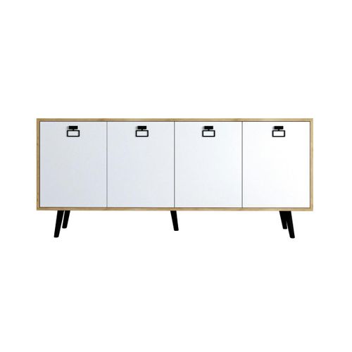 Buffet Bas Blanc Et Effet Bois, Poignées Noires Marfa