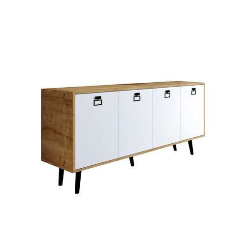 Buffet Bas Blanc Et Effet Bois, Poignées Noires Marfa