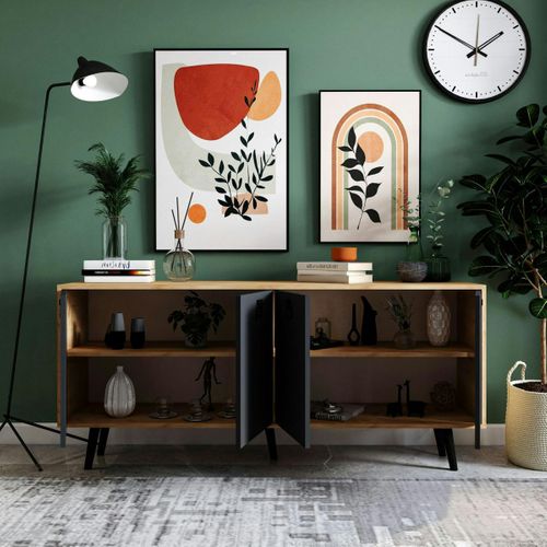 Buffet Bas Gris Et Effet Bois, Poignées Noires Marfa