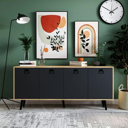 Buffet Bas Gris Et Effet Bois, Poignées Noires Marfa