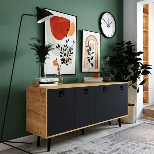 Buffet Bas Gris Et Effet Bois, Poignées Noires Marfa