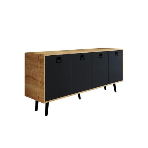 Buffet Bas Gris Et Effet Bois, Poignées Noires Marfa