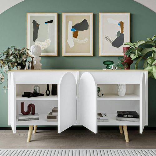 Buffet Blanc 4 Portes Courbes Et Plateau Effet Bois Varen