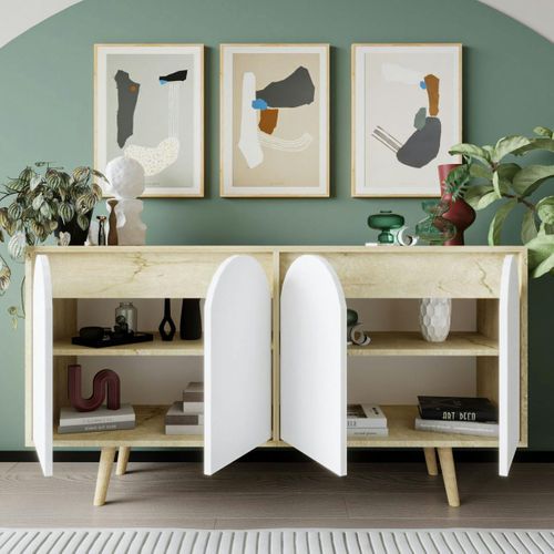 Buffet Salle à Manger Effet Bois 4 Portes Courbes Blanches Varen