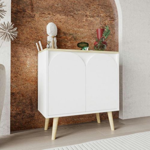 Petit Buffet Blanc 2 Portes, Plateau Effet Bois Clair Marfa