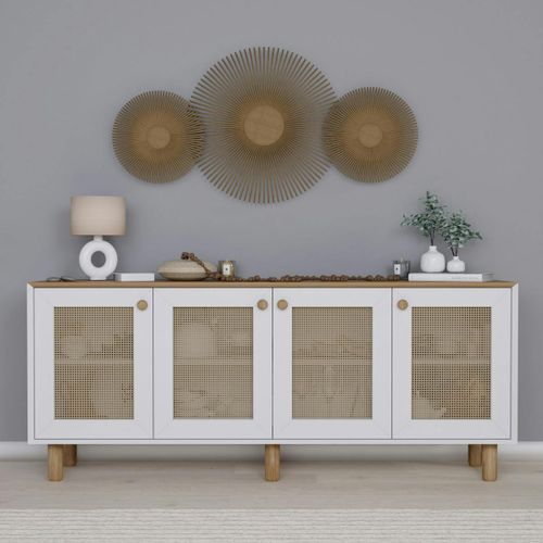 Buffet Salle à Manger Blanc, Cannage Et Effet Noyer Clair Varen