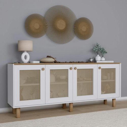 Buffet Salle à Manger Blanc, Cannage Et Effet Noyer Clair Varen