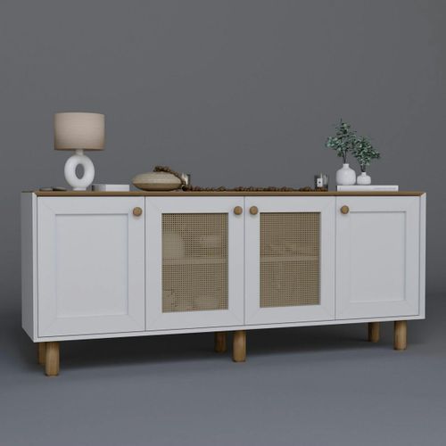 Buffet Salle à Manger Blanc, Cannage Et Effet Noyer Varen