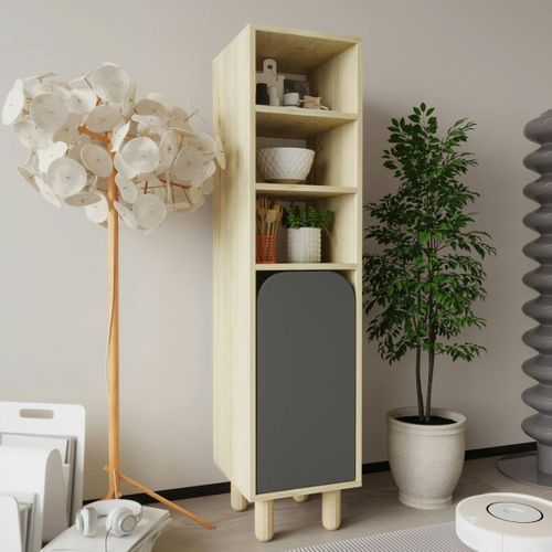 Colonne De Rangement Effet Bois, 1 Porte Grise Courbe Varen