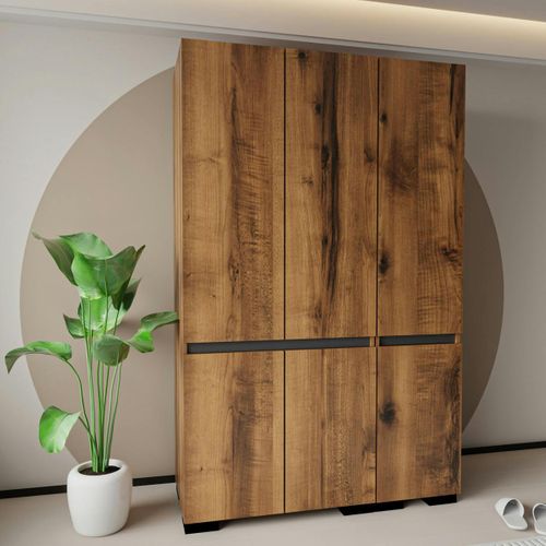 Armoire 3 Portes Effet Noyer Détail Gris 10 Étagères Byron