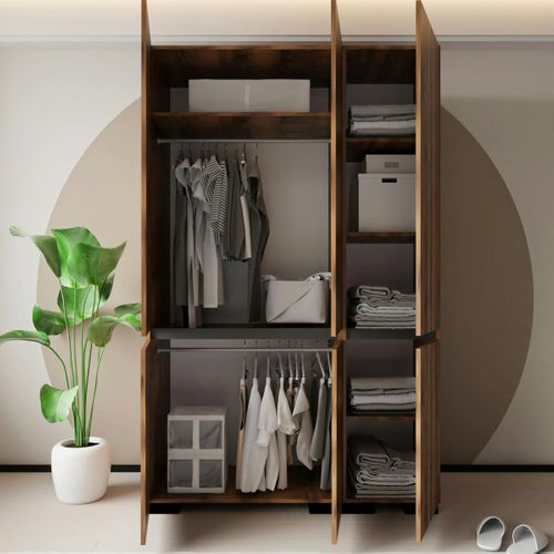 Armoire Penderie 3 Portes, Effet Noyer Détail Gris Byron