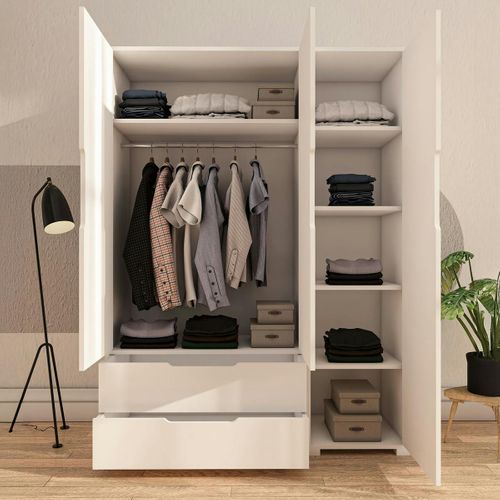Armoire Penderie Blanche 3 Portes 2 Tiroirs Byron