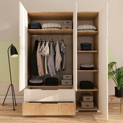Armoire Penderie 3 Portes, Effet Bois Et Blanc Byron