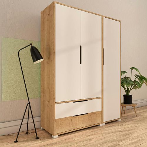 Armoire Penderie 3 Portes, Effet Bois Et Blanc Byron