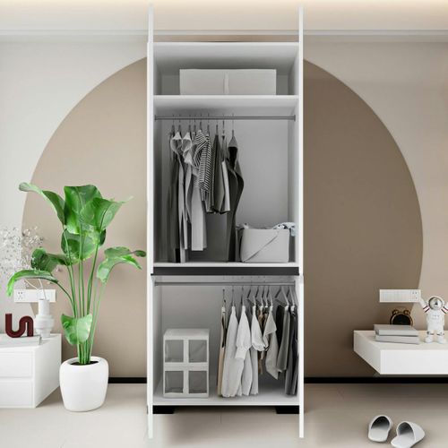 Armoire Penderie Blanche 2 Portes Détail Gris, 1 Étagère Byron