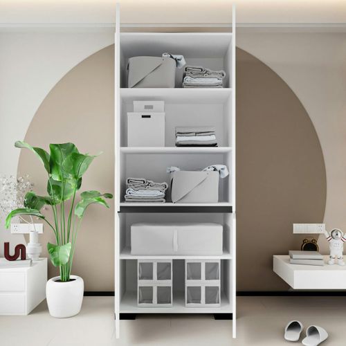 Armoire Blanche 2 Portes Détail Gris, 5 Étagères Byron