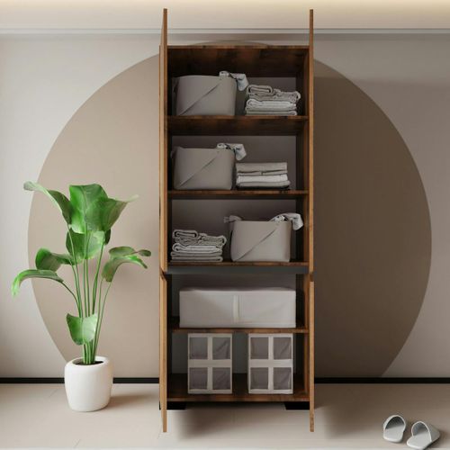 Armoire 2 Portes Effet Noyer Détail Gris, 5 Étagères Byron