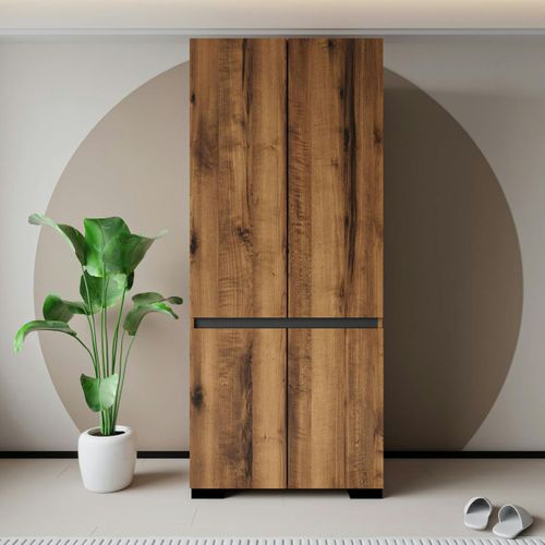 Armoire 2 Portes Effet Noyer Détail Gris, 5 Étagères Byron