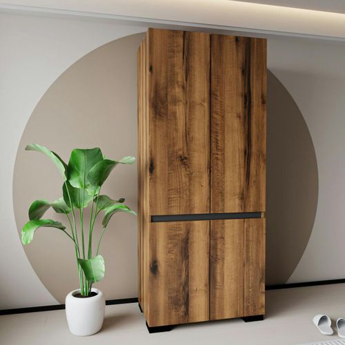 Armoire 2 Portes Effet Noyer Détail Gris, 5 Étagères Byron