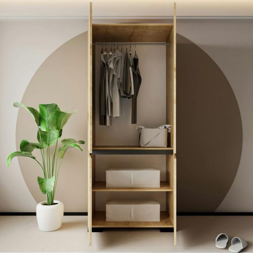 Armoire Penderie 2 Portes Effet Bois Détail Gris Byron