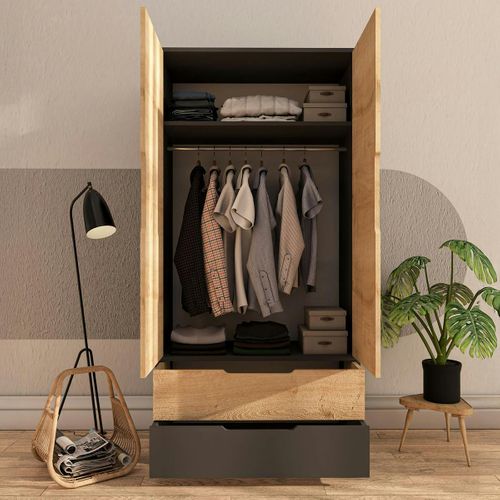 Armoire Penderie 2 Portes Effet Bois Et Anthracite Byron